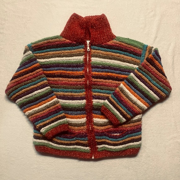 Handmade Sisandina Handicrafts 100% Wool Striped Zip Up Sweater Jacket Women's L - Picture 2 of 8